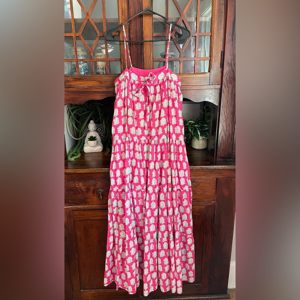 J. Crew Hot Pink and White Printed Tiered Maxi Dress